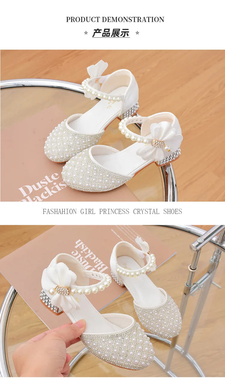 Rhinestones Princess Girls Party Shoes Children Shiny Crystal Bow High Heels Girls Sandals Summer Kids Student Performance Shoes