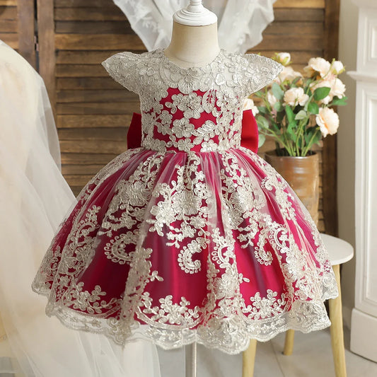 Baby Girls Dress Embroidery Floral Big Bow Gown Toddler