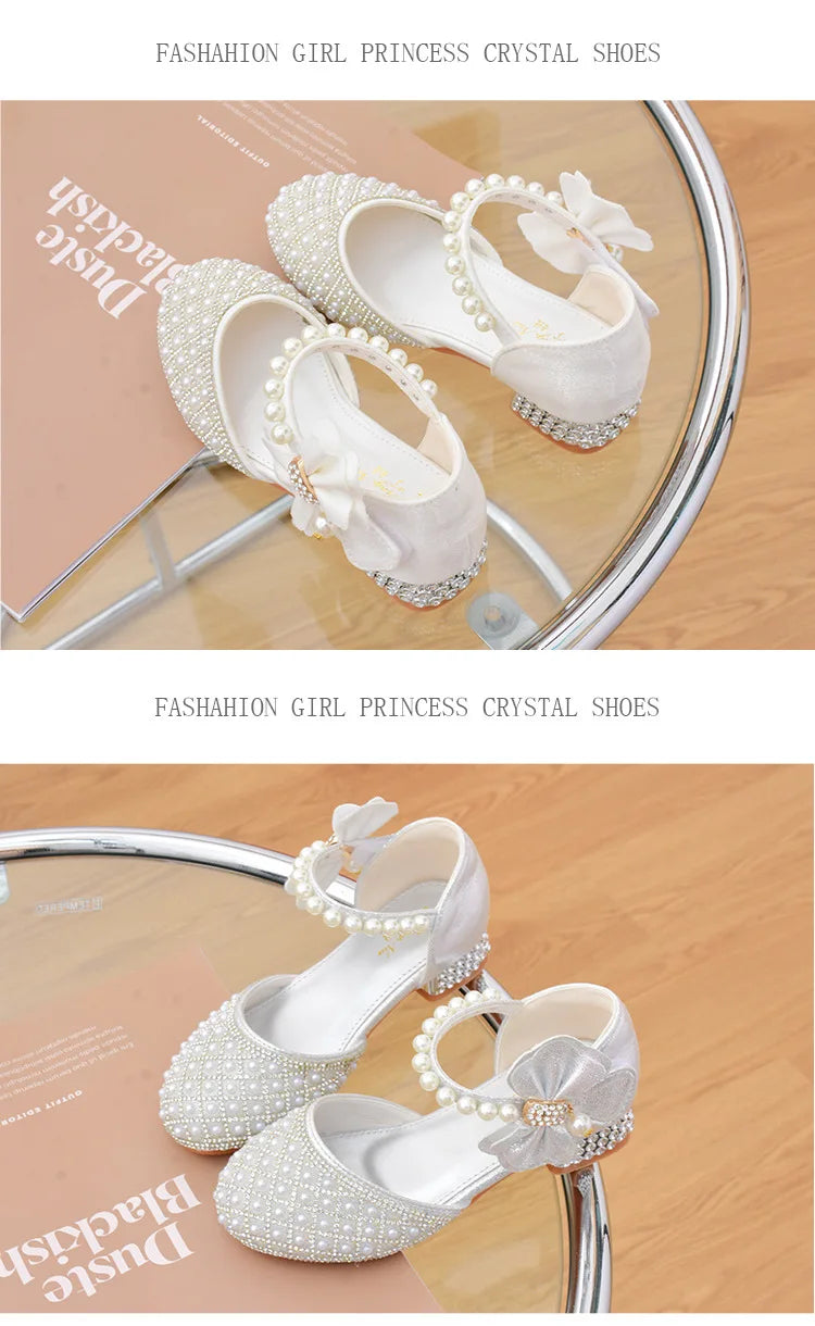 Rhinestones Princess Girls Party Shoes Children Shiny Crystal Bow High Heels Girls Sandals Summer Kids Student Performance Shoes