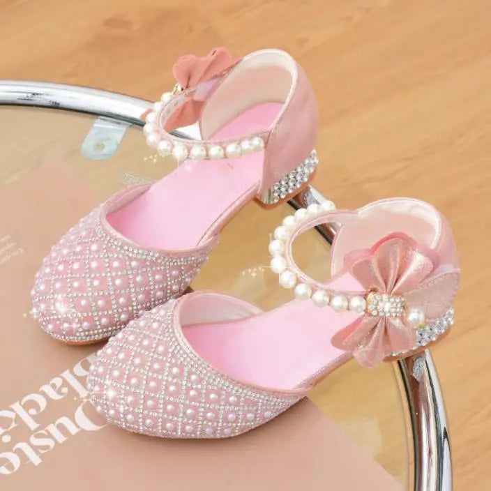 Rhinestones Princess Girls Party Shoes Children Shiny Crystal Bow High Heels Girls Sandals Summer Kids Student Performance Shoes